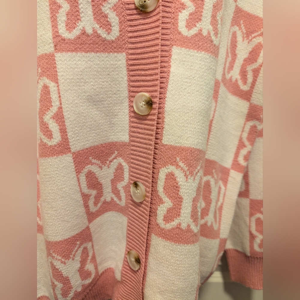 Pink & White Checkered Butterfly Print Boutique Cardigan - Picture 3 of 4